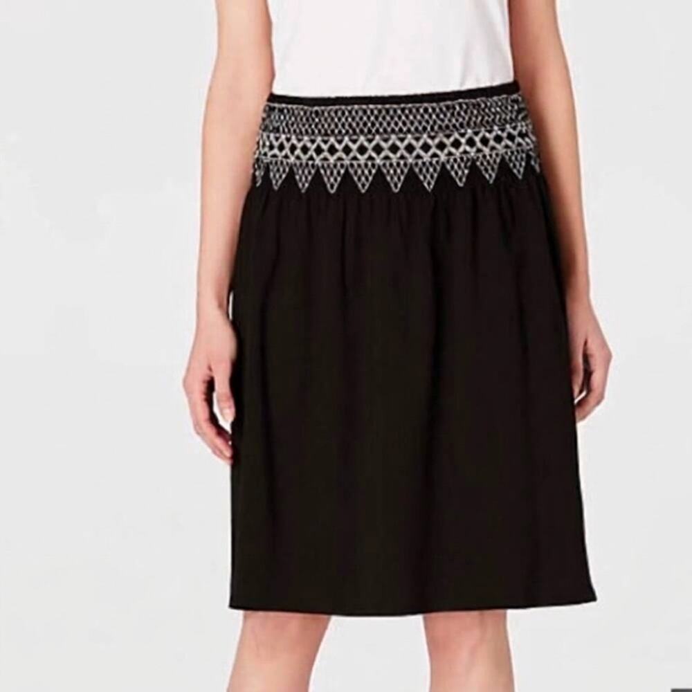 J. Jill Knit Skirt Womens Medium Black Smocked Embroidered Cotton Modal Boho